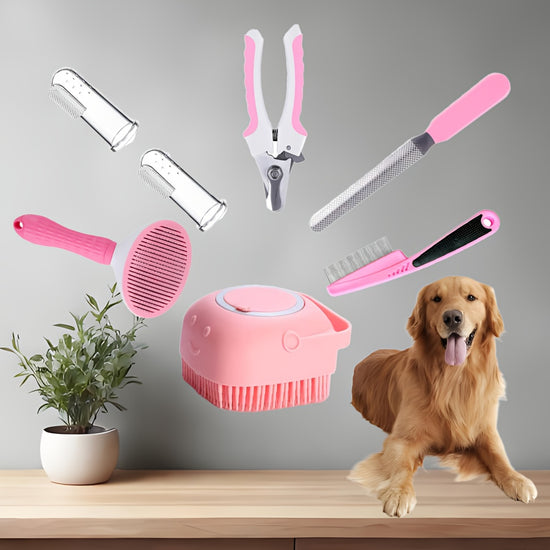 Professional Home Grooming Kit for Dogs with 7 Tools  DeShedding Brush Safety Nail Clippers Dog Shampoo Brush Dental Care Set  Suitable for Puppies And Cats
