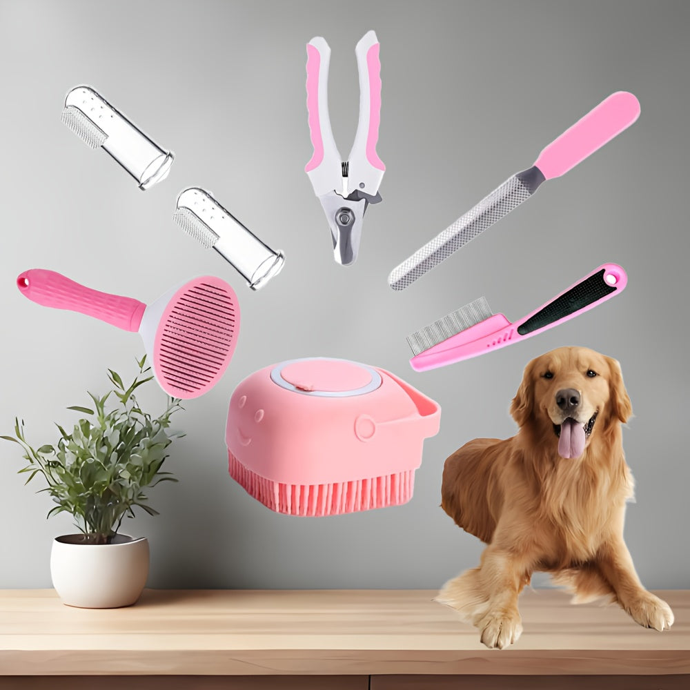 Professional Home Grooming Kit for Dogs with 7 Tools  DeShedding Brush Safety Nail Clippers Dog Shampoo Brush Dental Care Set  Suitable for Puppies And Cats